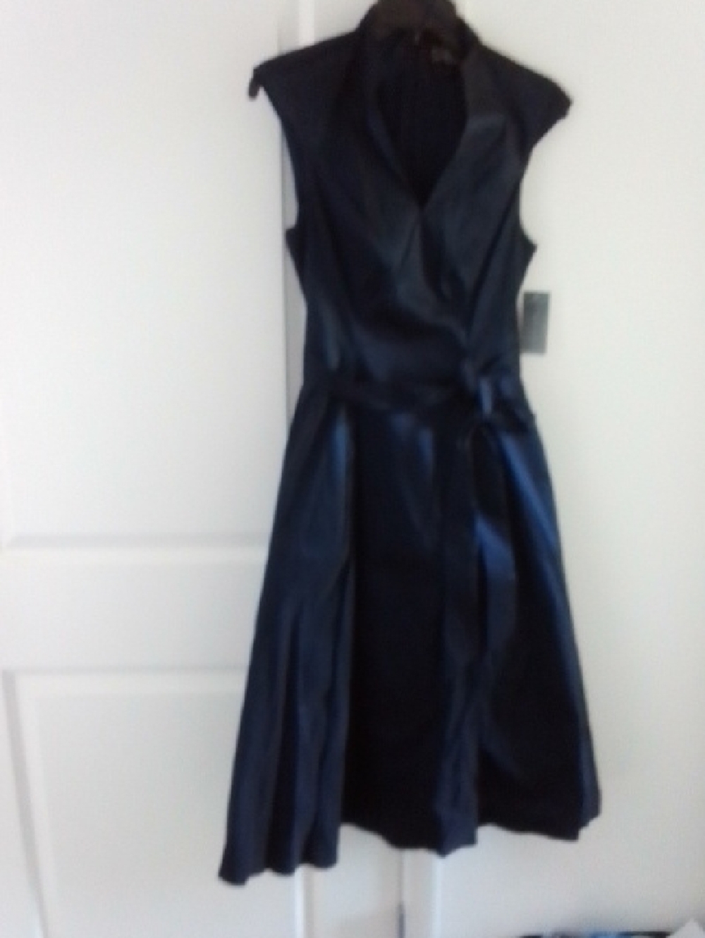Alex Evenings Navy Satin Sleeveless Wrap Midi Dress